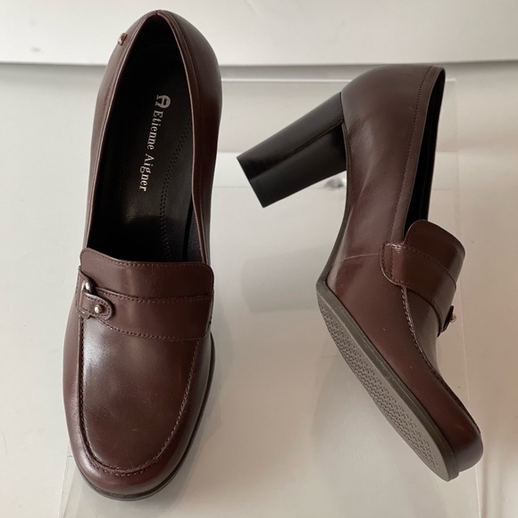 Etienne Aigner Brown Leather Platform Pumps Heels Chunky Block Heels E-Tartan, 8 - Picture 7 of 11